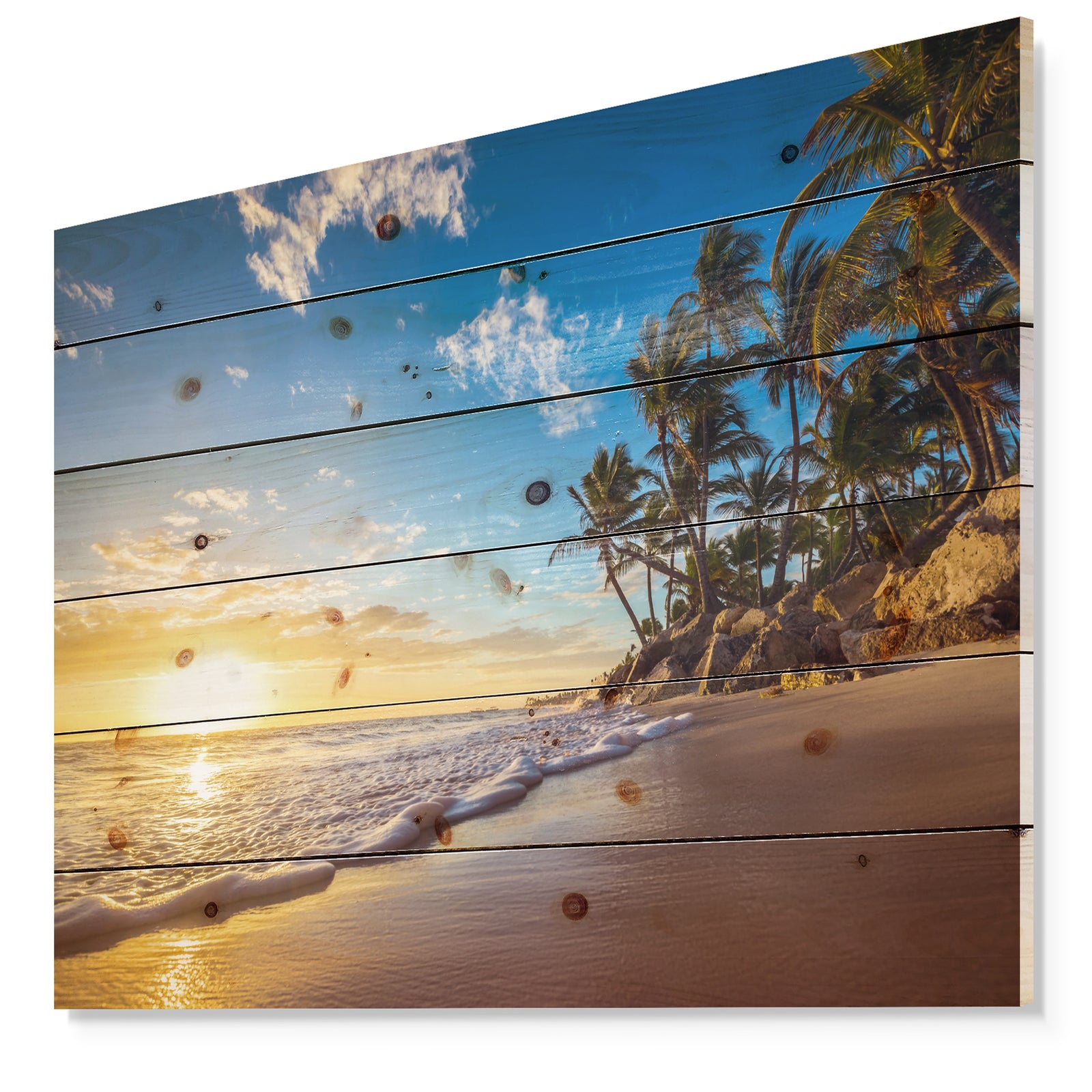 Paradise Tropical Island Beach Sunrise - Seashore Print on Natural Pine Wood