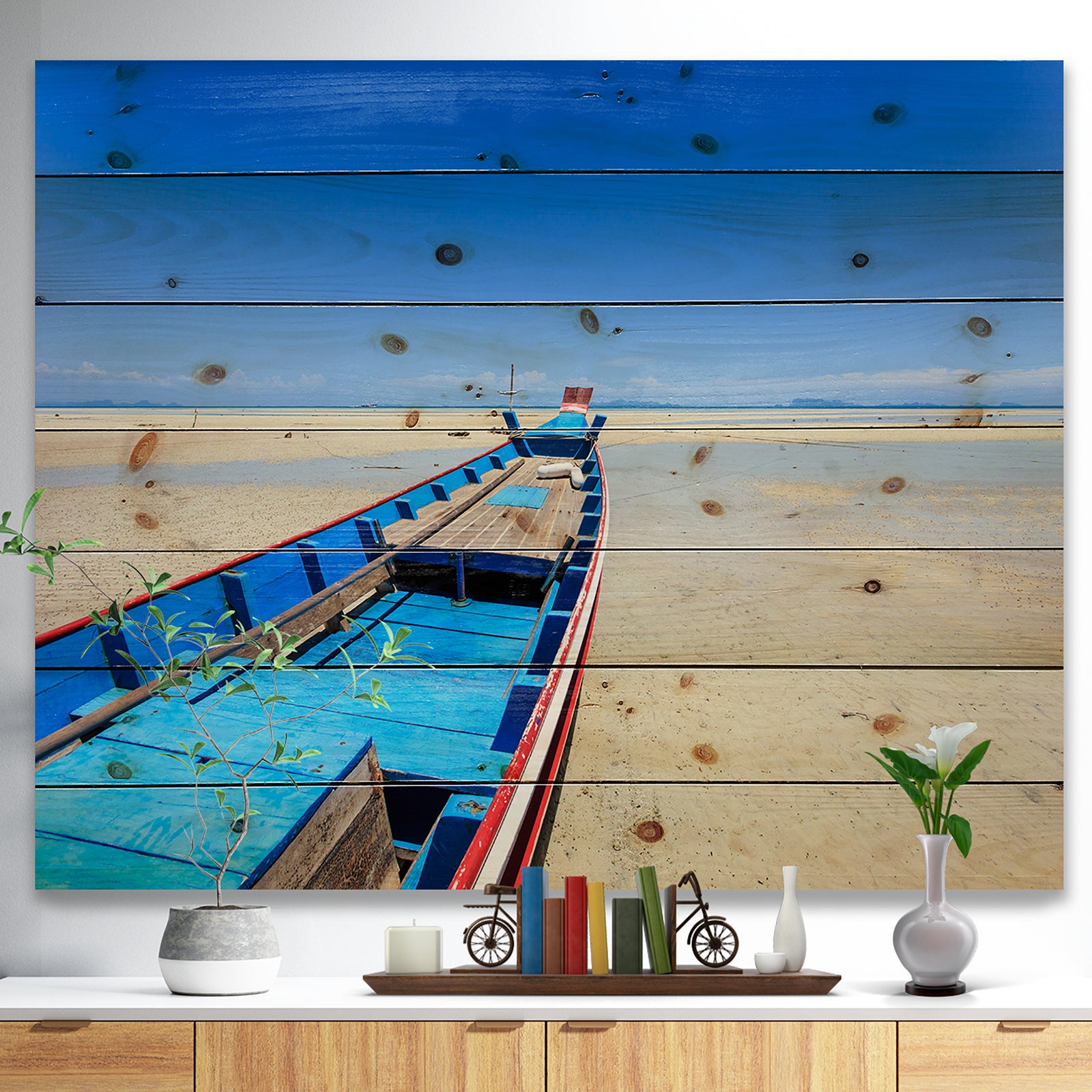 Long Tail Boat Stand at the Beach - Seashore Print on Natural Pine Wood
