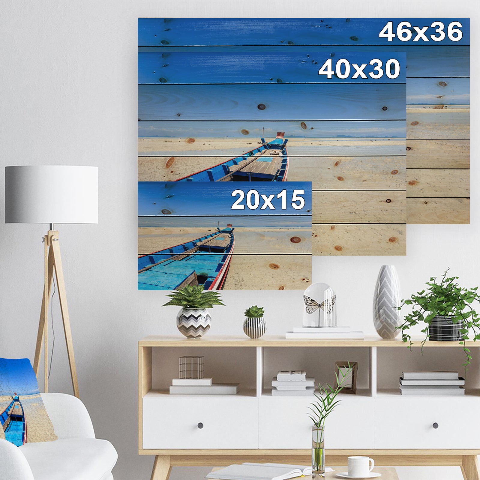 Long Tail Boat Stand at the Beach - Seashore Print on Natural Pine Wood
