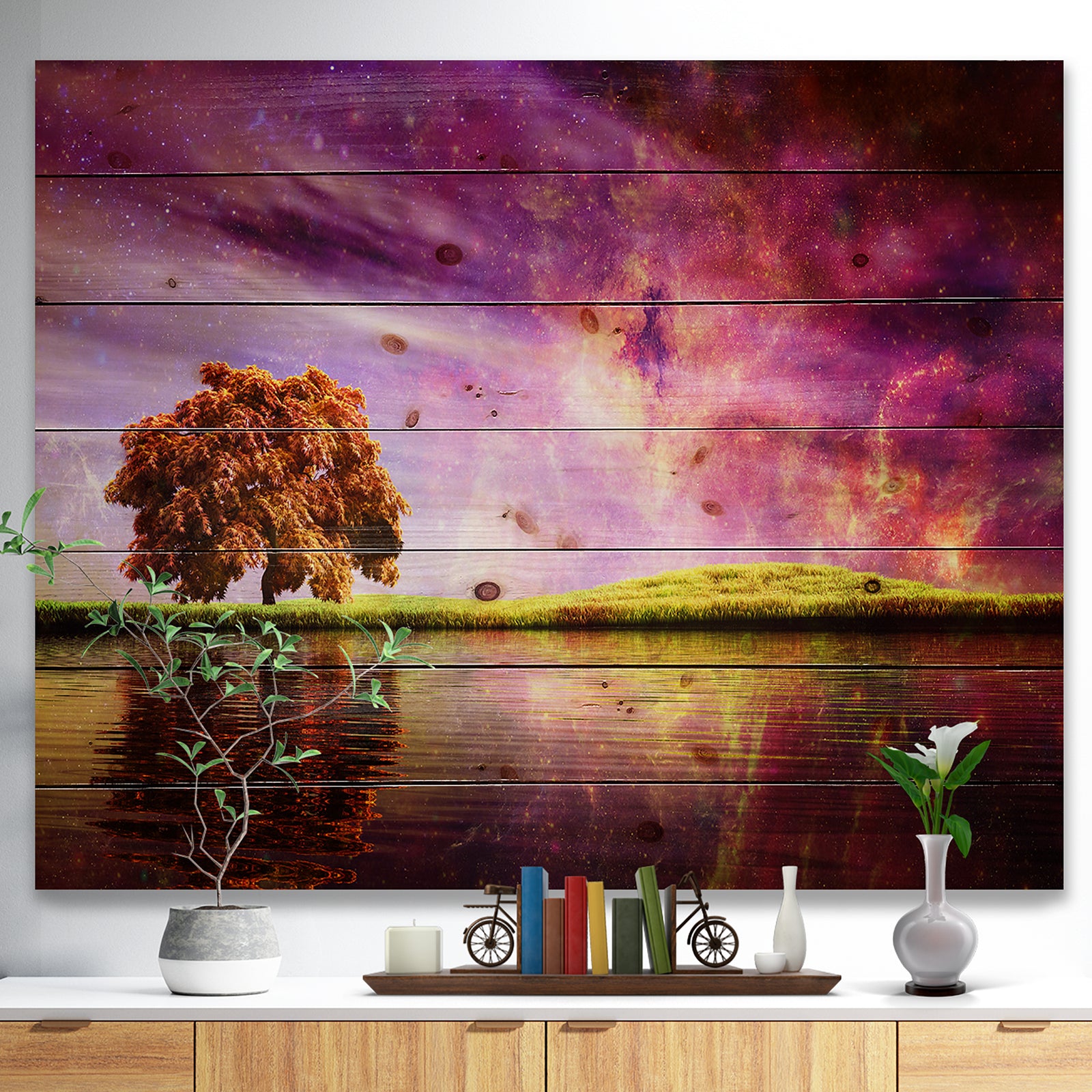 Magic Night with Colorful Clouds - Landscape Print on Natural Pine Wood