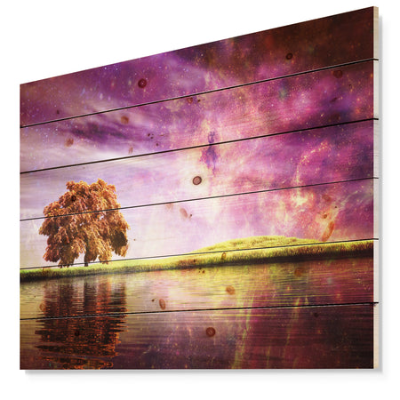 Magic Night with Colorful Clouds - Landscape Print on Natural Pine Wood