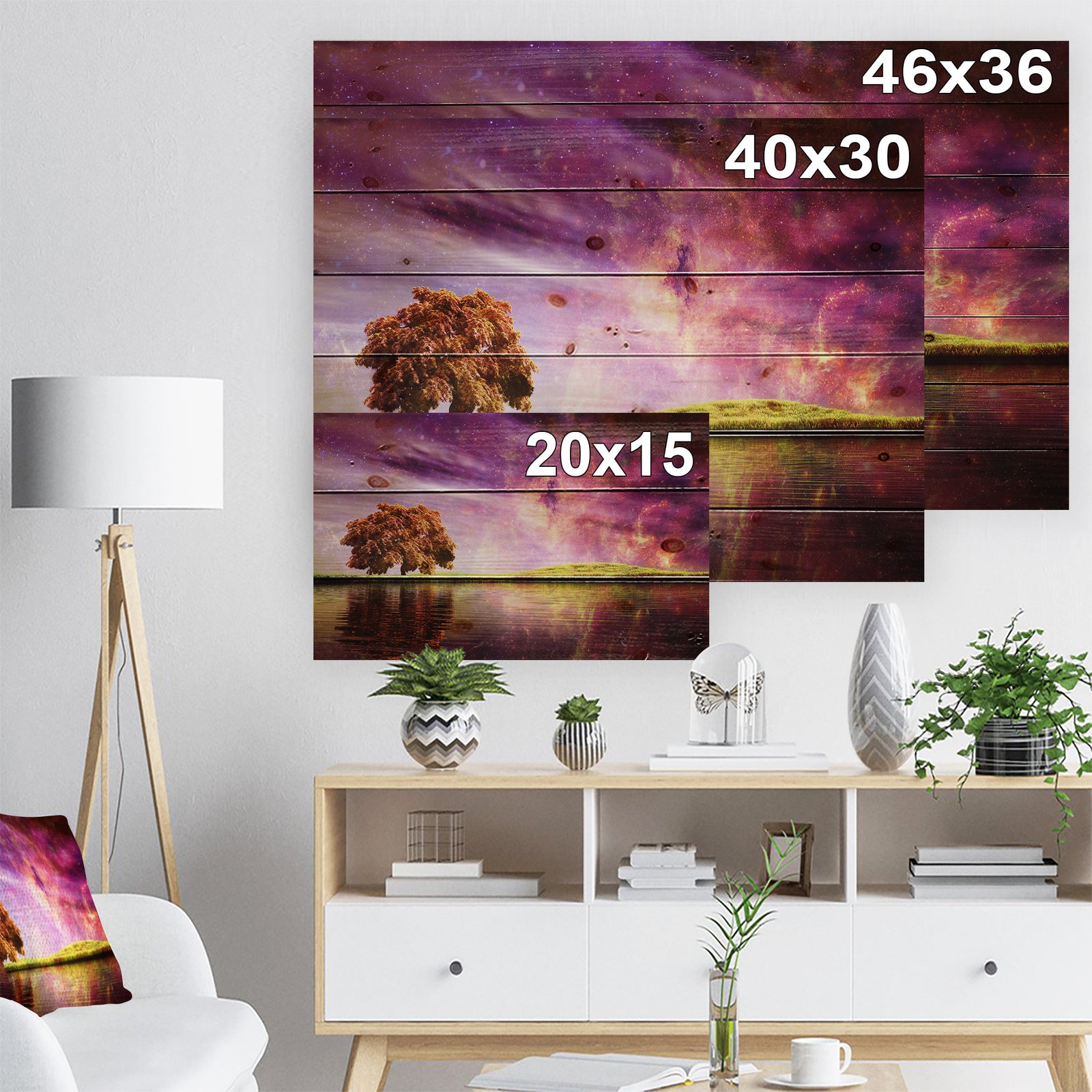 Magic Night with Colorful Clouds - Landscape Print on Natural Pine Wood