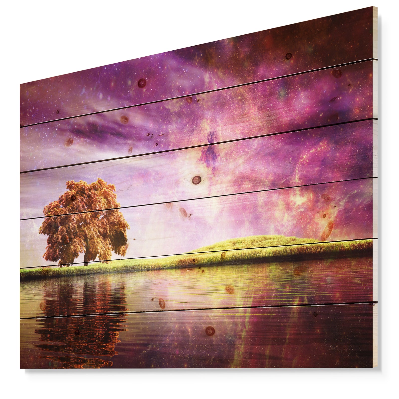 Magic Night with Colorful Clouds - Landscape Print on Natural Pine Wood