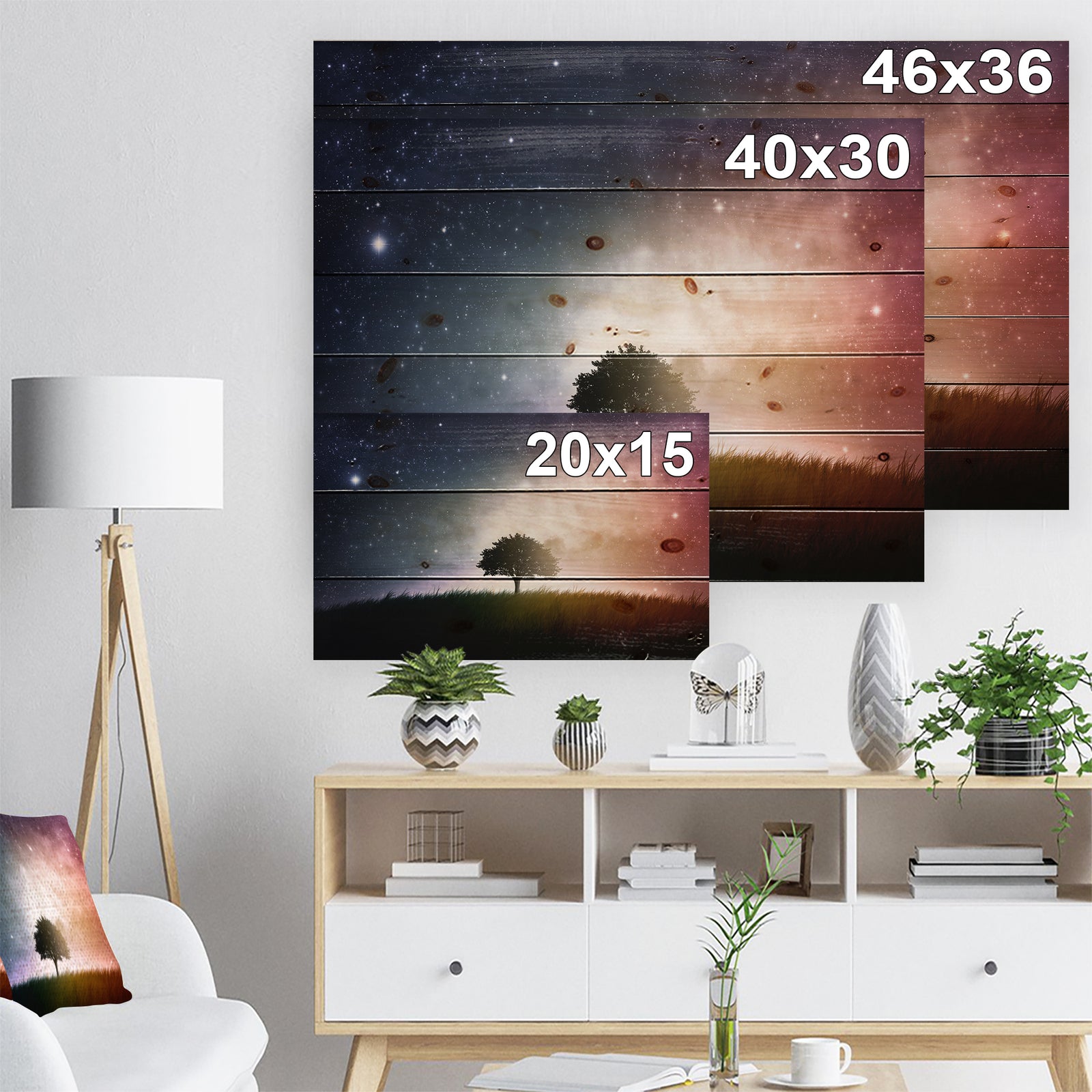 Single Tree Space Background - Trees Print on Natural Pine Wood