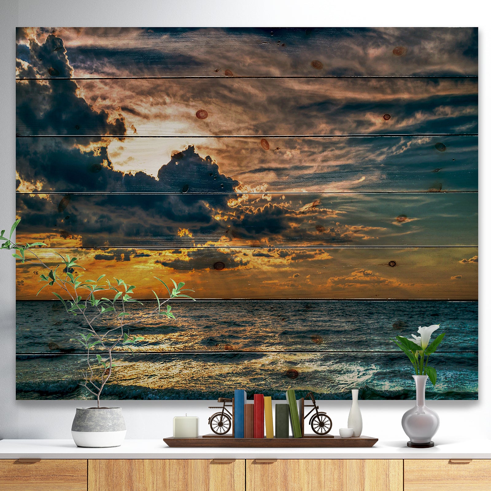 Sun Break over Blue Ocean - Seashore Print on Natural Pine Wood
