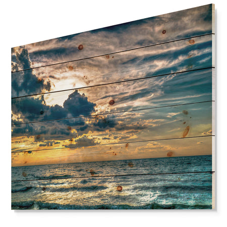 Sun Break over Blue Ocean - Seashore Print on Natural Pine Wood