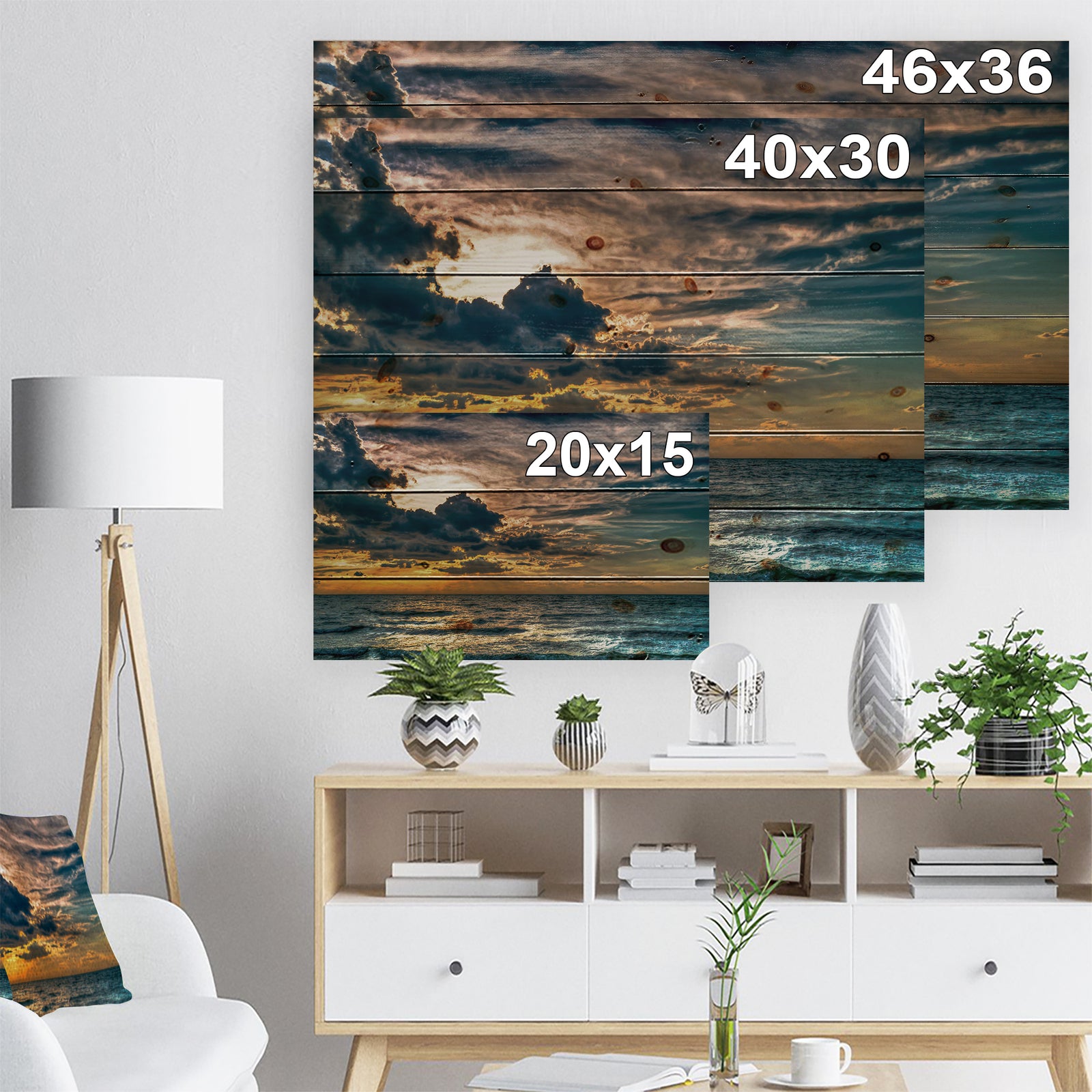 Sun Break over Blue Ocean - Seashore Print on Natural Pine Wood