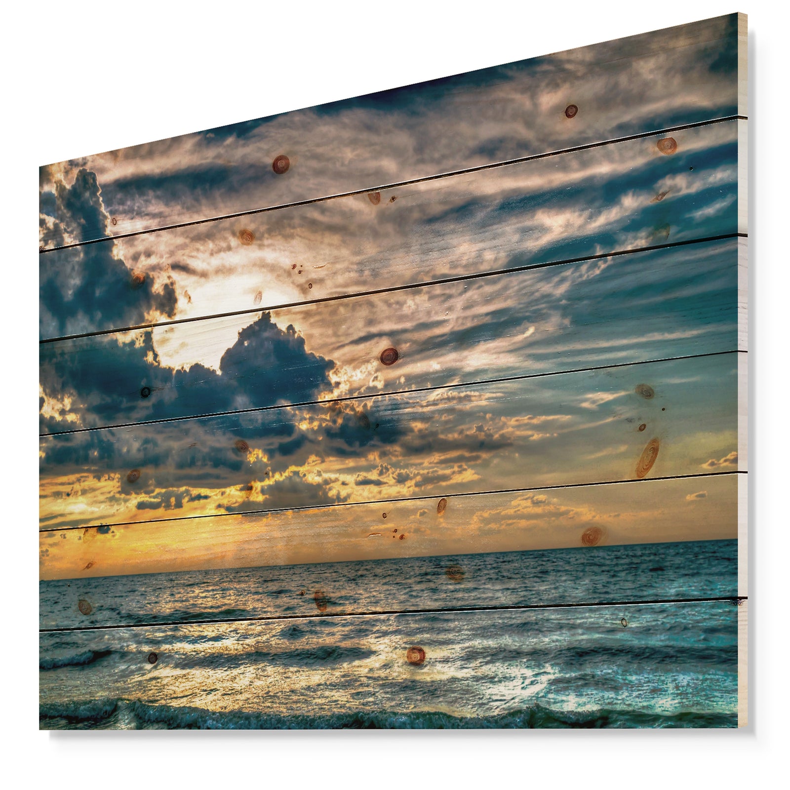 Sun Break over Blue Ocean - Seashore Print on Natural Pine Wood