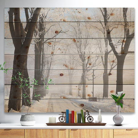 Misty Rural Road in Winter Forest - Forest Print on Natural Pine Wood