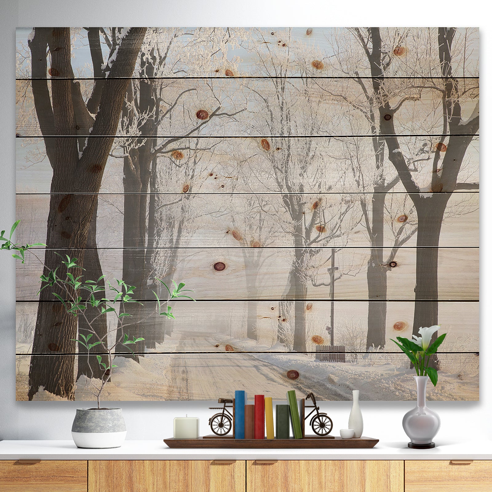 Misty Rural Road in Winter Forest - Forest Print on Natural Pine Wood