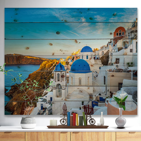 Beautiful Santorin Houses Greece - Cityscape Print on Natural Pine Wood
