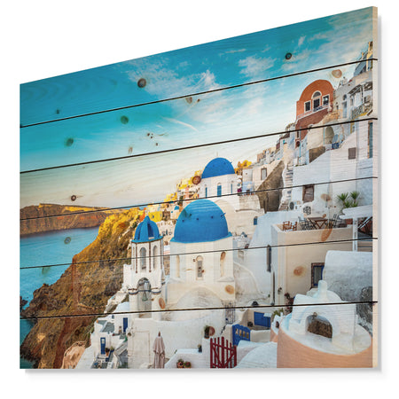 Beautiful Santorin Houses Greece - Cityscape Print on Natural Pine Wood