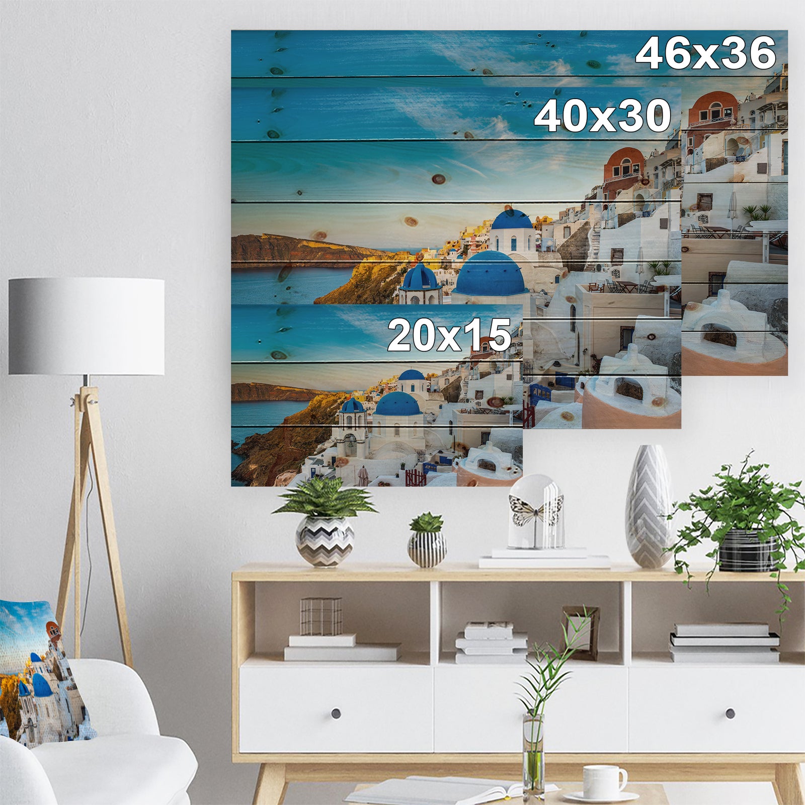 Beautiful Santorin Houses Greece - Cityscape Print on Natural Pine Wood