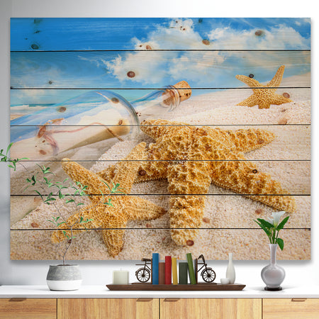 Message in Bottle Buried in Sand - Seashore Photo Print on Natural Pine Wood
