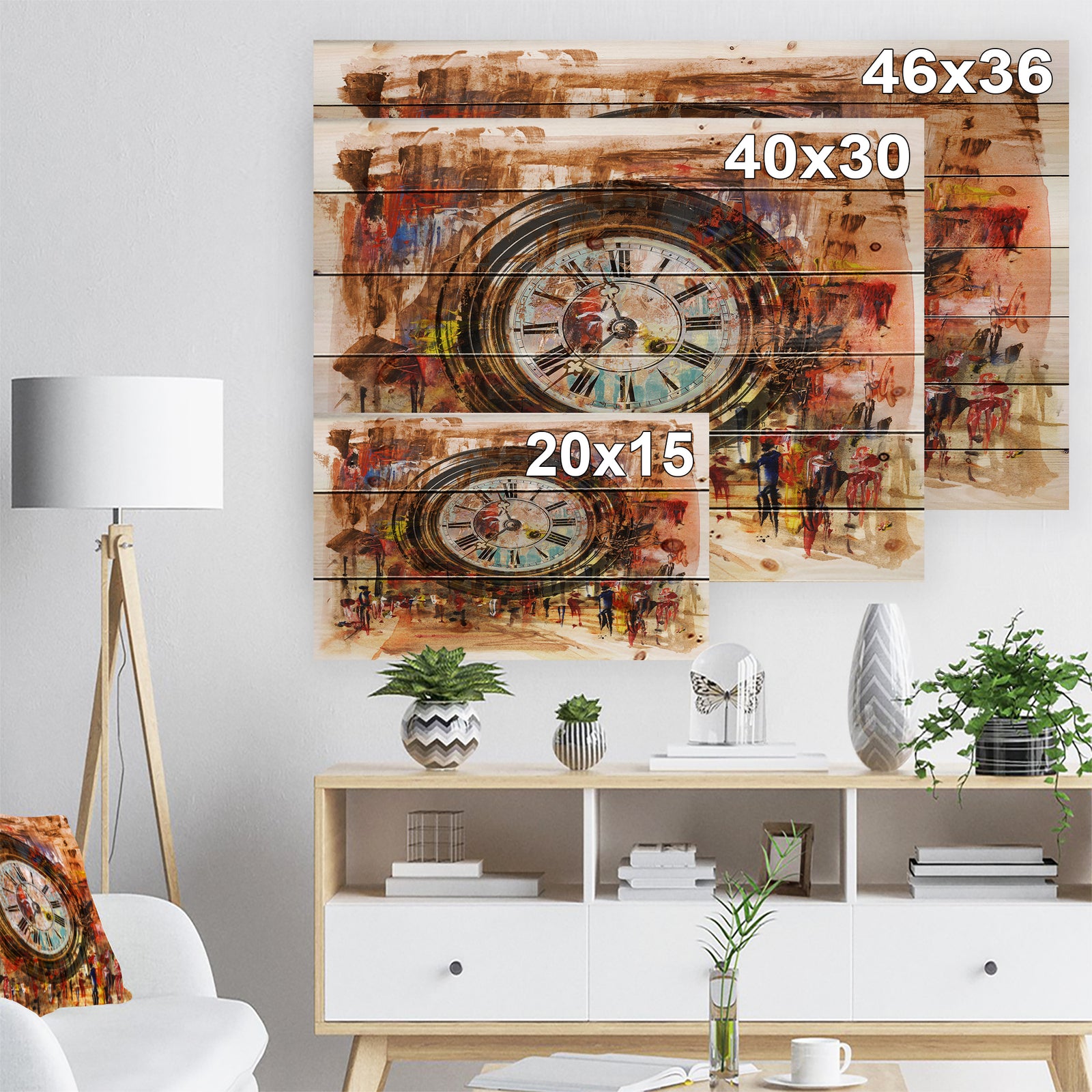 People and Time Acrylic Painting - Abstract Print on Natural Pine Wood