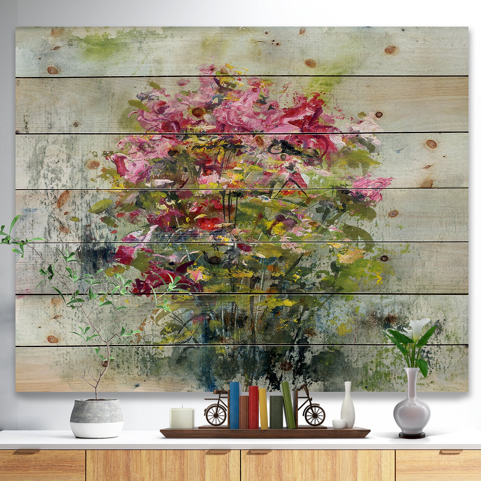 Bouquets Of Roses Painting Art - Floral Print on Natural Pine Wood