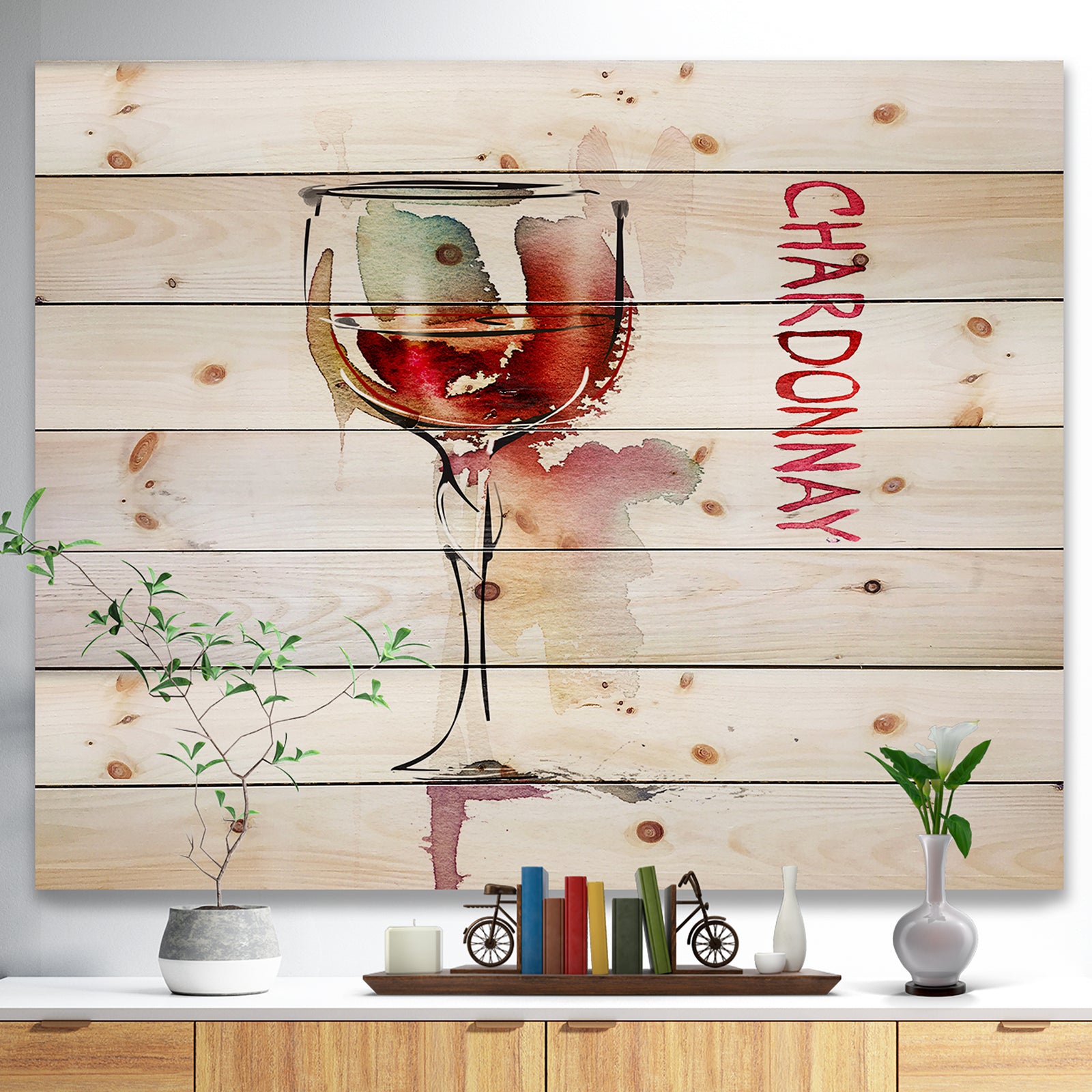 Red Wine on White Background - Contemporary Print on Natural Pine Wood