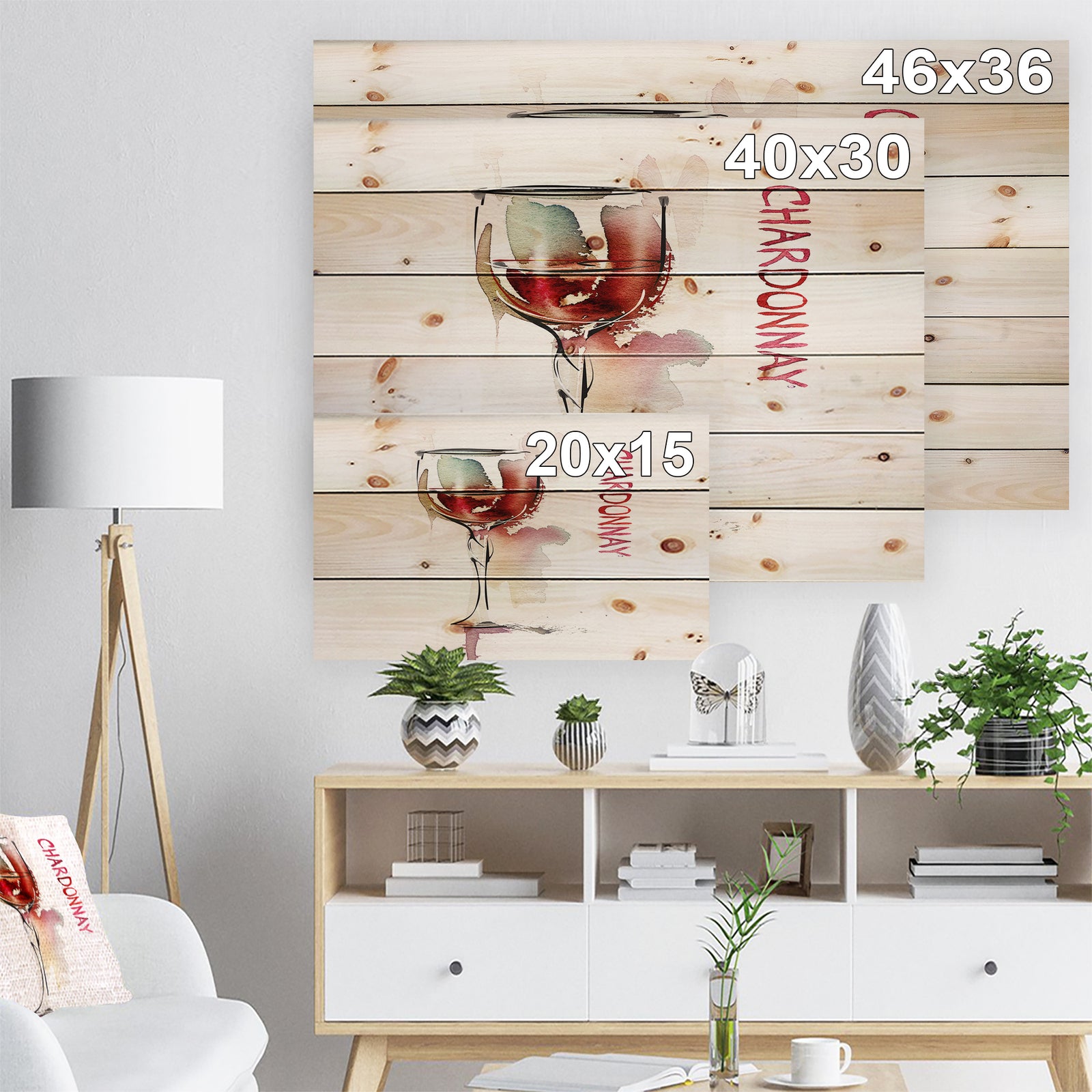 Red Wine on White Background - Contemporary Print on Natural Pine Wood