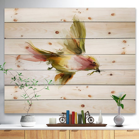 Nice Flight of Lovely Green Bird - Animal Print on Natural Pine Wood