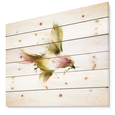 Nice Flight of Lovely Green Bird - Animal Print on Natural Pine Wood