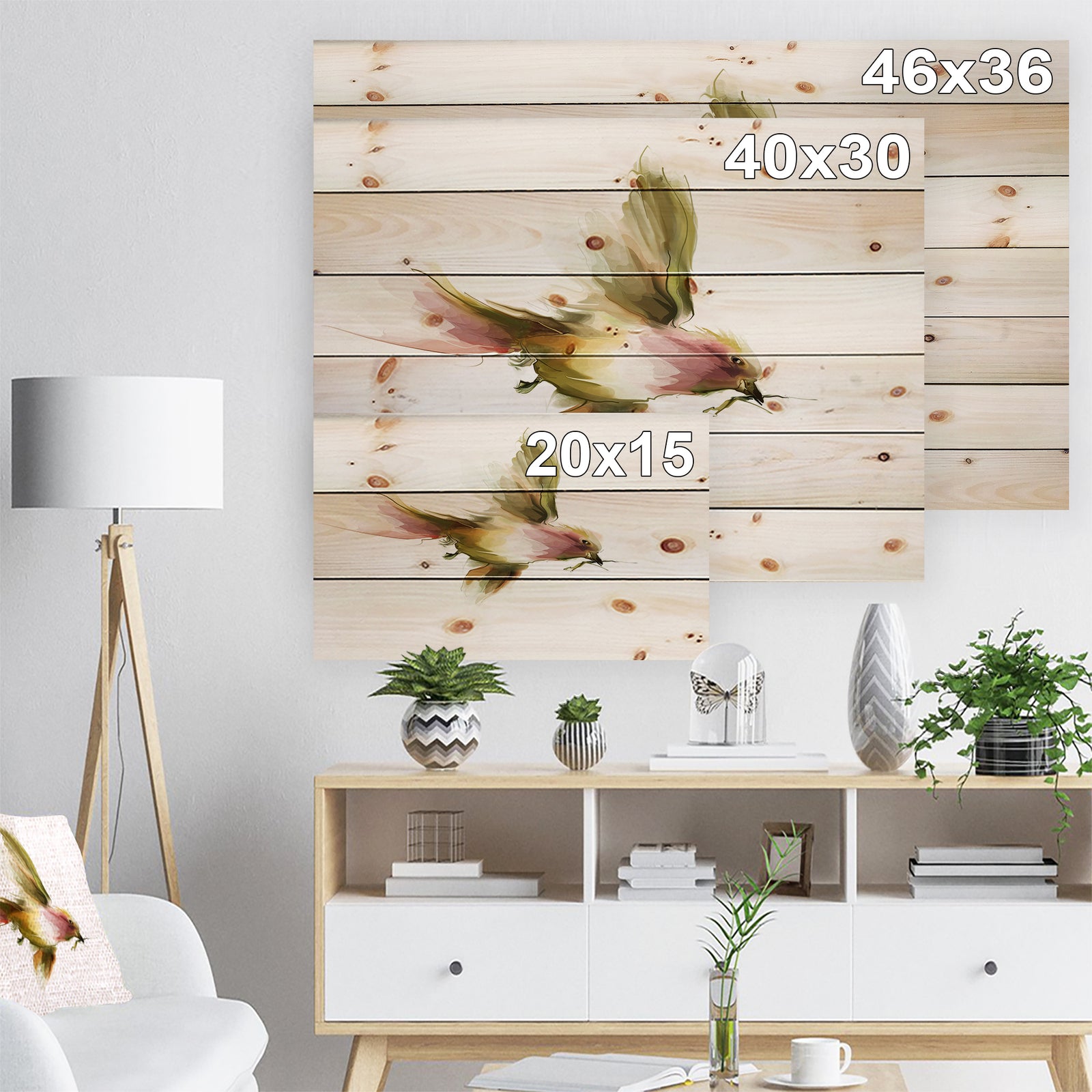 Nice Flight of Lovely Green Bird - Animal Print on Natural Pine Wood