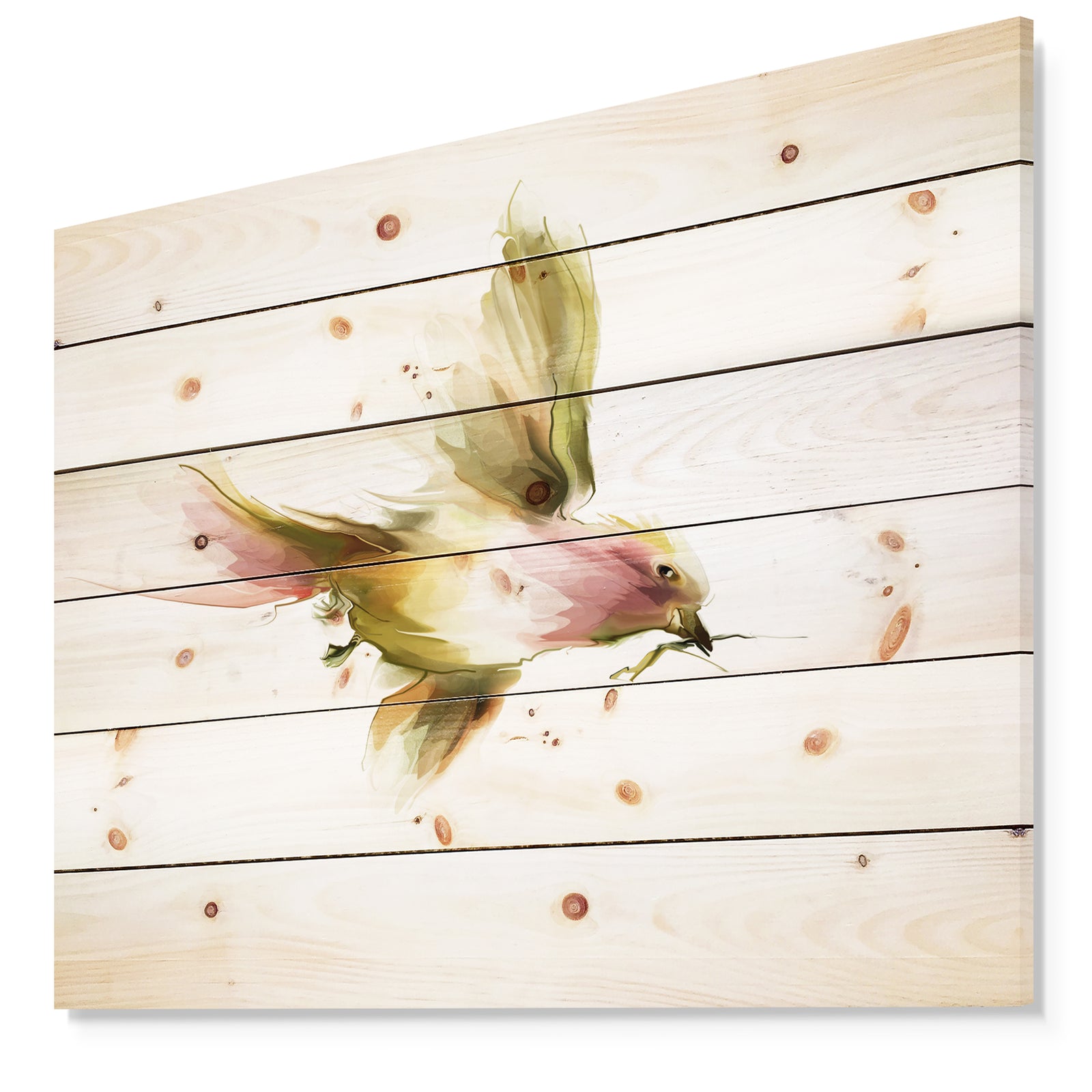 Nice Flight of Lovely Green Bird - Animal Print on Natural Pine Wood