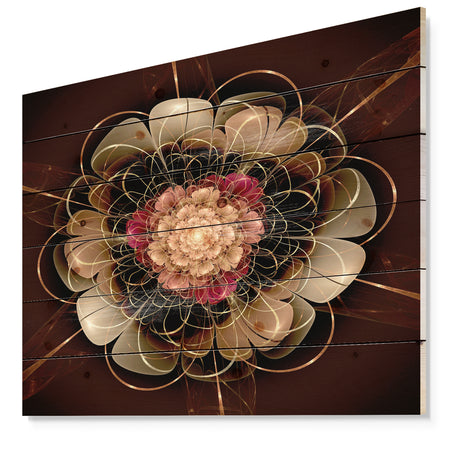 Dark Gold Red Fractal Flower Pattern - Floral Print on Natural Pine Wood