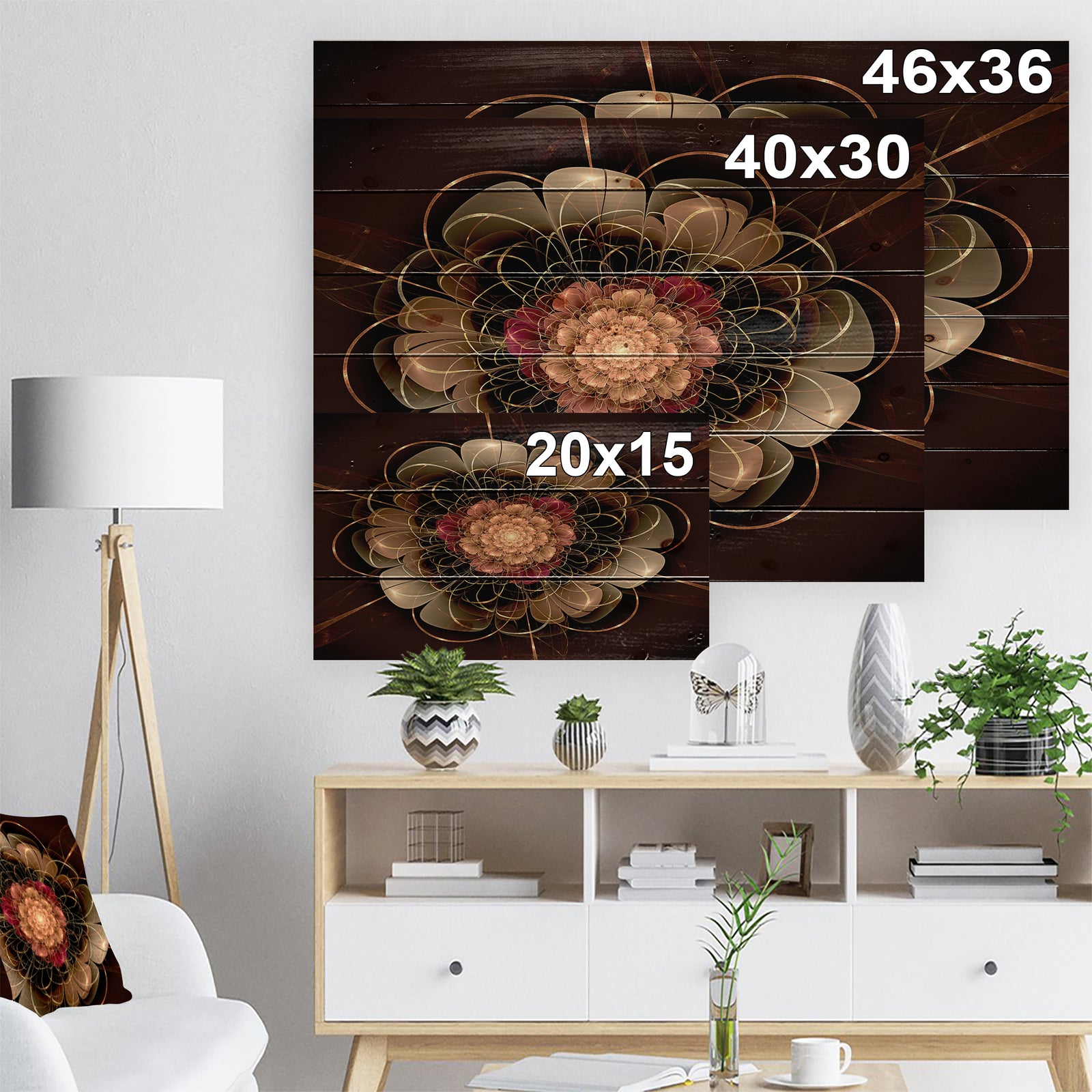 Dark Gold Red Fractal Flower Pattern - Floral Print on Natural Pine Wood