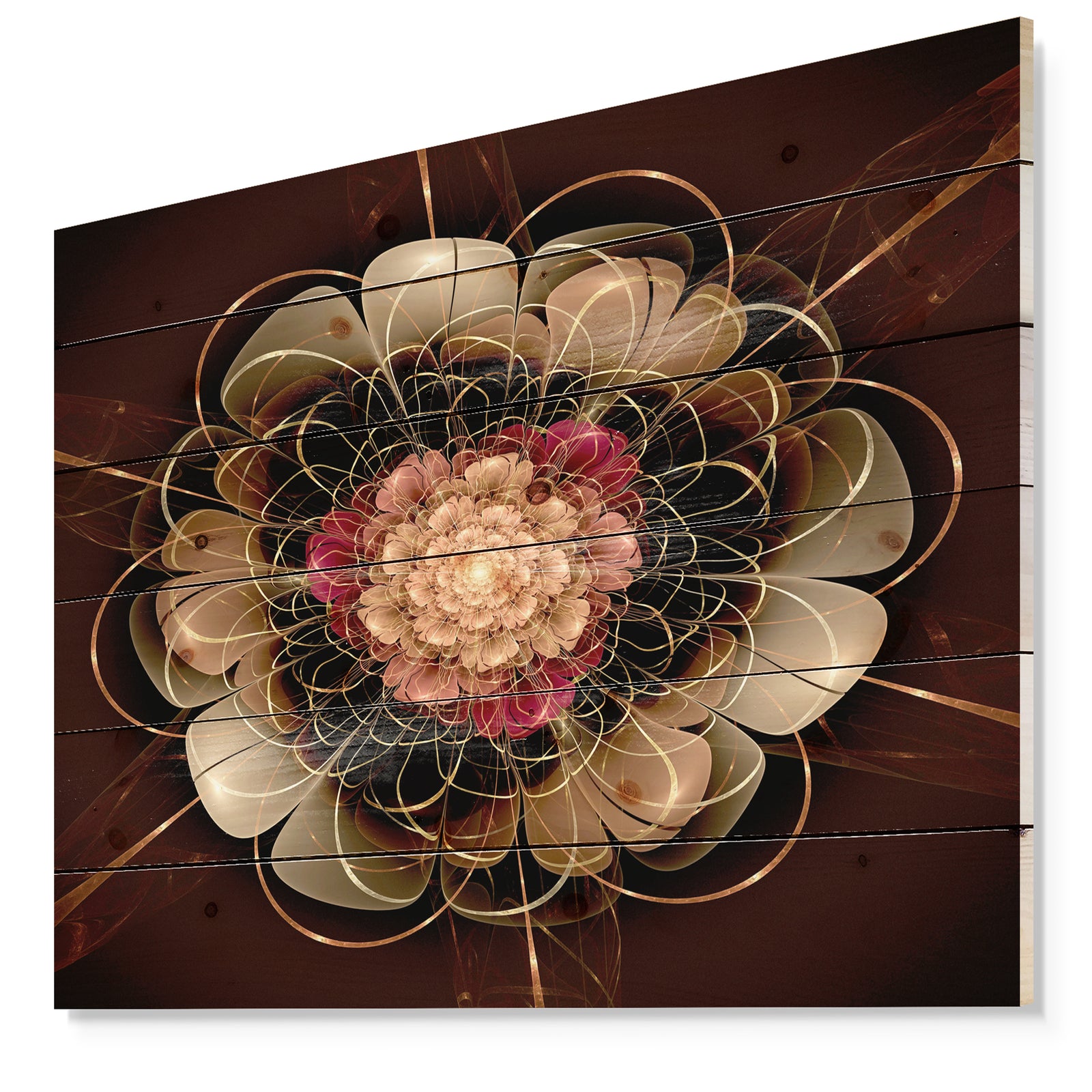 Dark Gold Red Fractal Flower Pattern - Floral Print on Natural Pine Wood