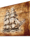 Ancient Sailboat Drawing - Seashore Print on Natural Pine Wood