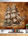 Ancient Sailboat Drawing - Seashore Print on Natural Pine Wood