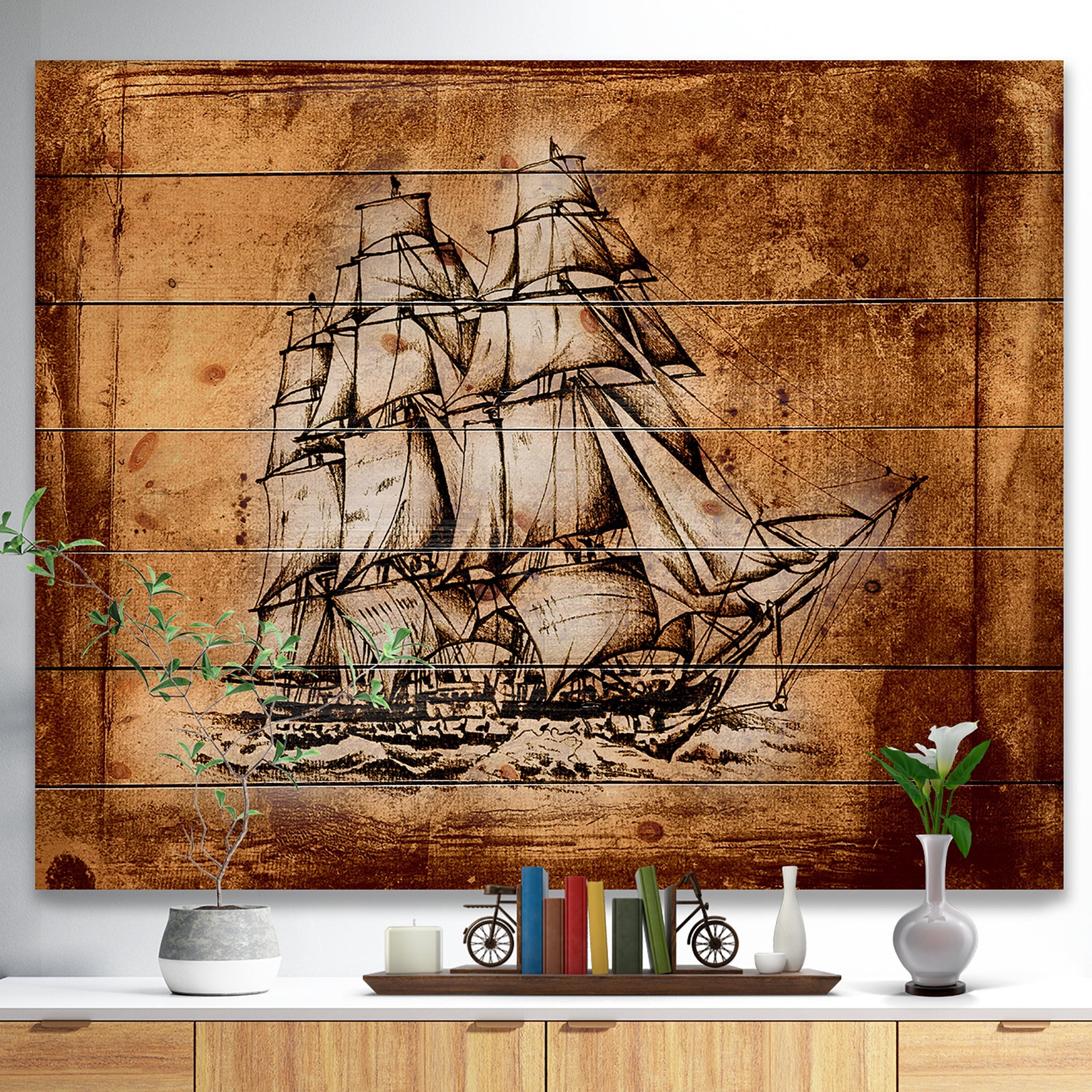 Ancient Sailboat Drawing - Seashore Print on Natural Pine Wood