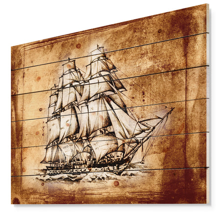 Ancient Sailboat Drawing - Seashore Print on Natural Pine Wood