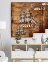 Ancient Sailboat Drawing - Seashore Print on Natural Pine Wood