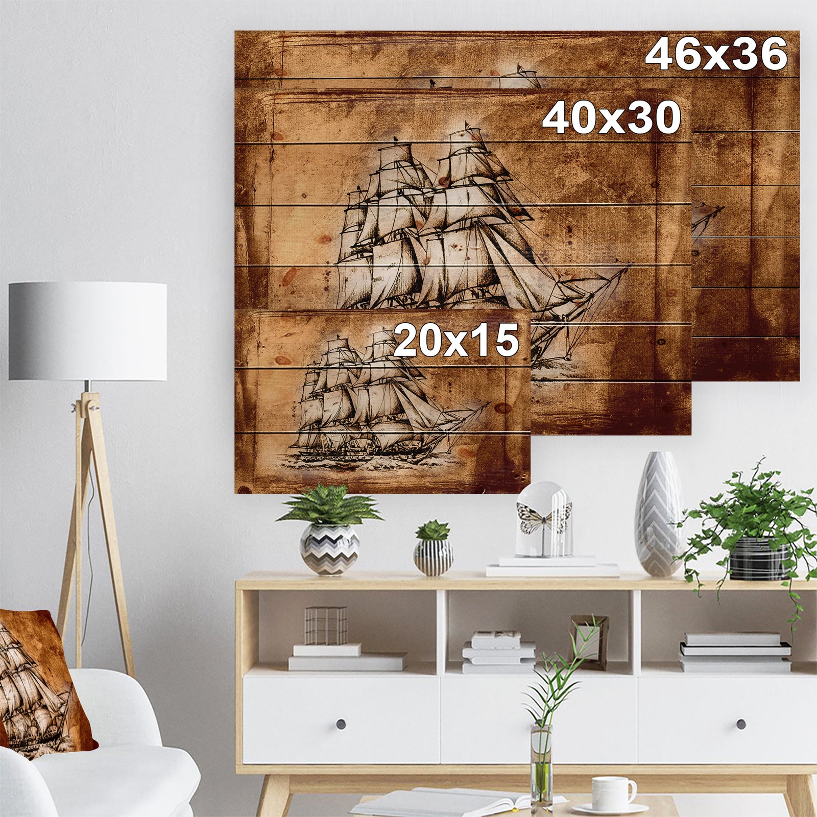 Ancient Sailboat Drawing - Seashore Print on Natural Pine Wood