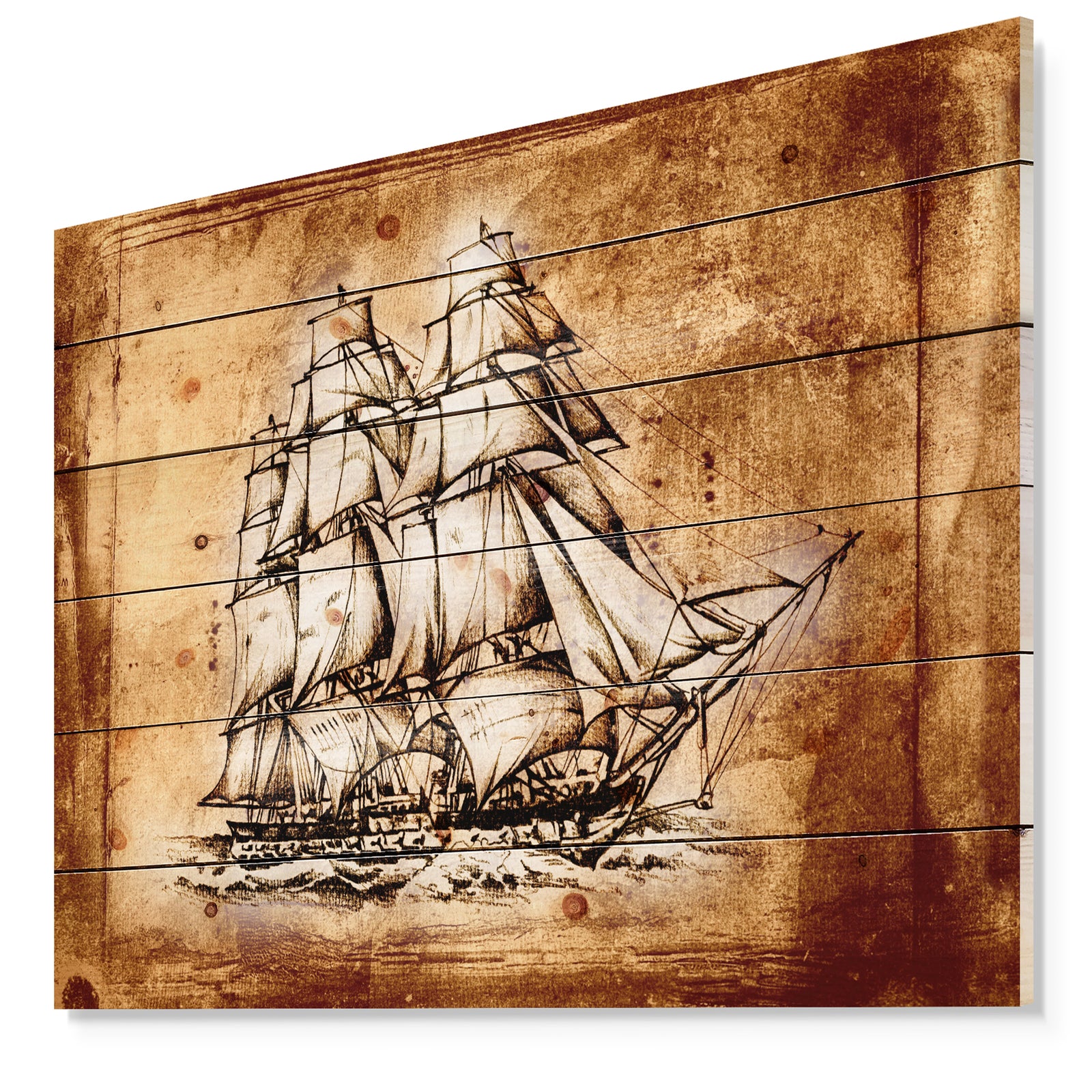 Ancient Sailboat Drawing - Seashore Print on Natural Pine Wood