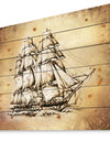 Moving Old Sailboat Drawing - Seashore Print on Natural Pine Wood