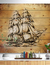 Moving Old Sailboat Drawing - Seashore Print on Natural Pine Wood