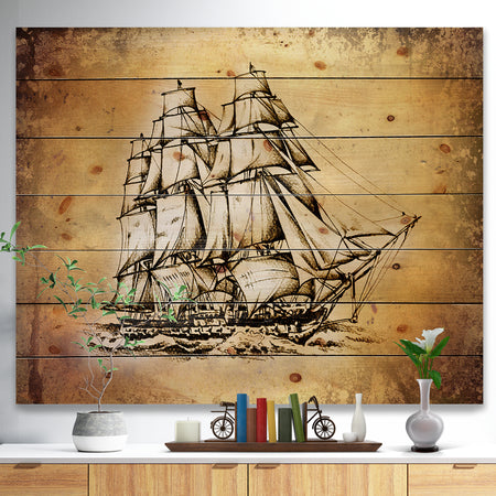 Moving Old Sailboat Drawing - Seashore Print on Natural Pine Wood