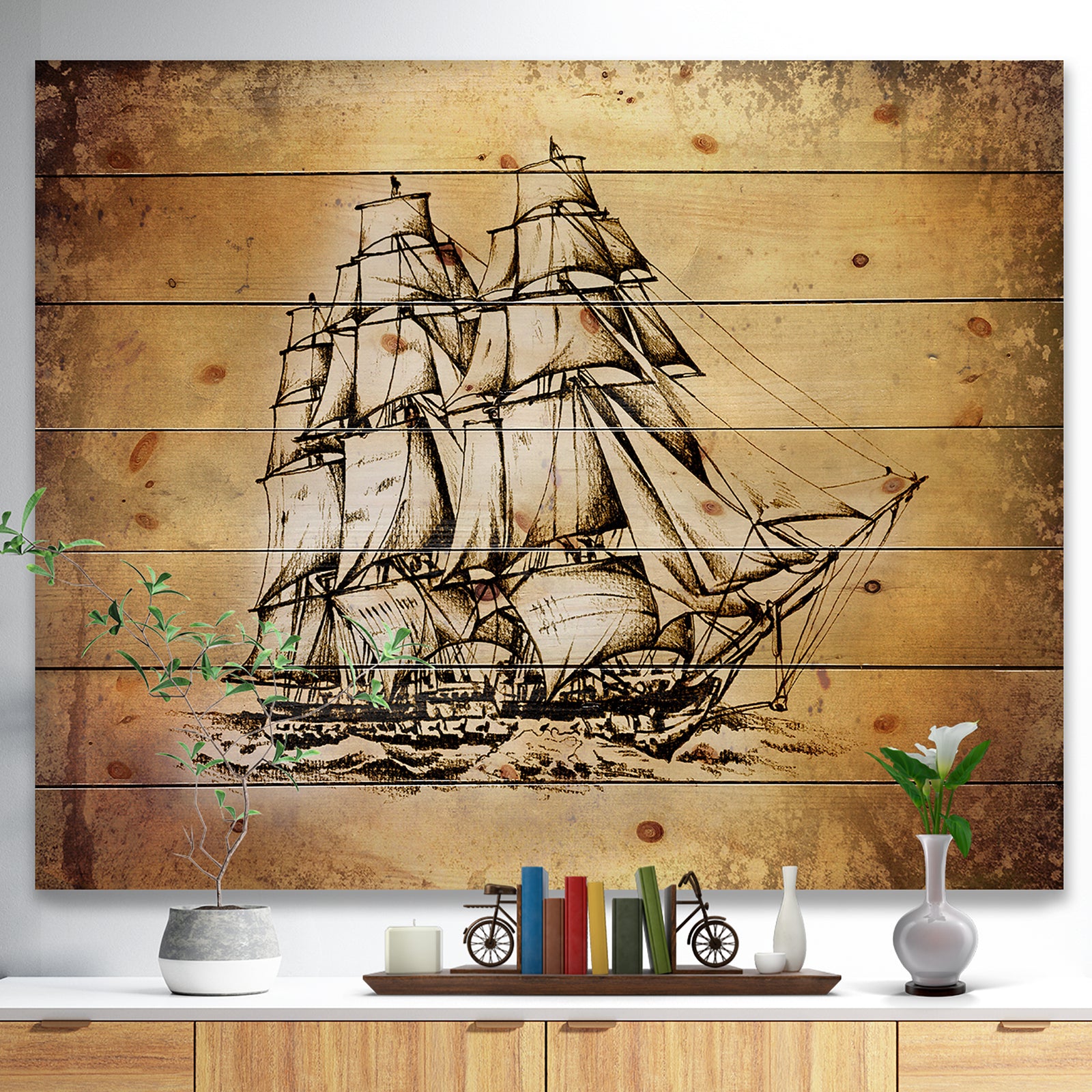 Moving Old Sailboat Drawing - Seashore Print on Natural Pine Wood