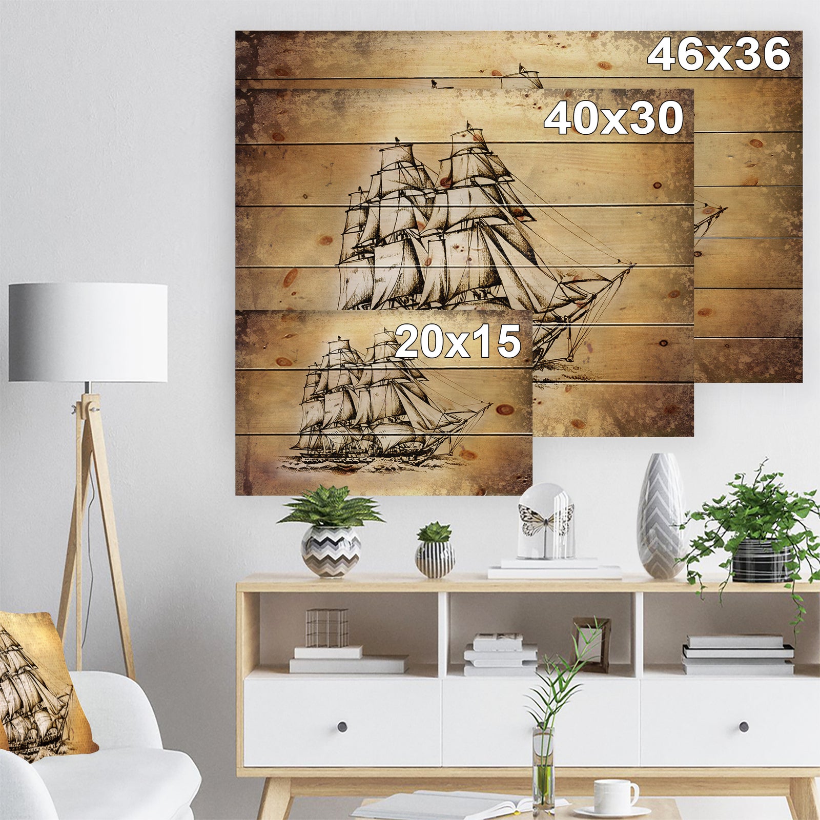 Moving Old Sailboat Drawing - Seashore Print on Natural Pine Wood