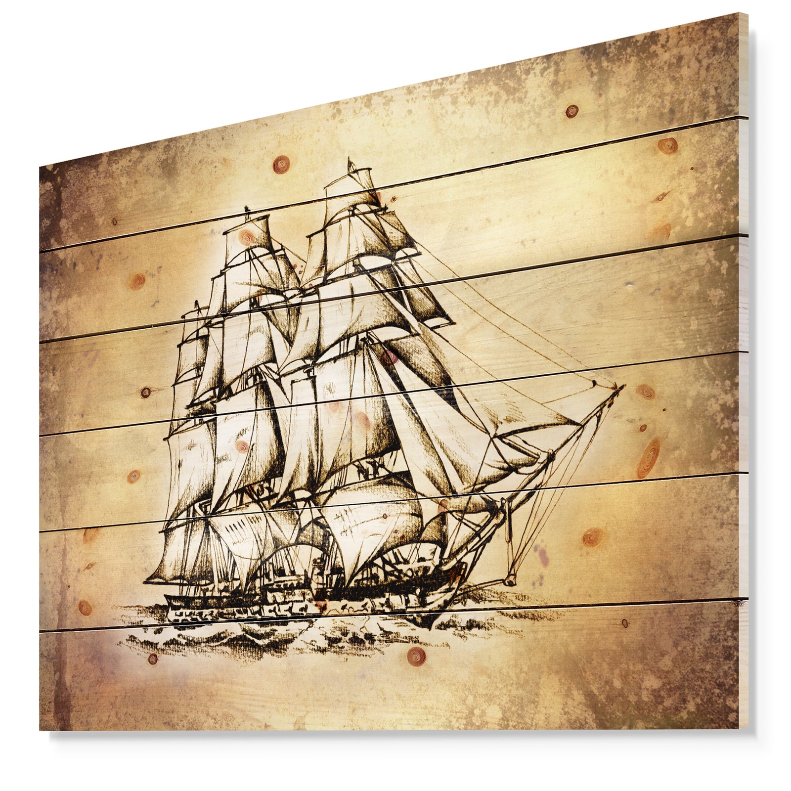 Moving Old Sailboat Drawing - Seashore Print on Natural Pine Wood