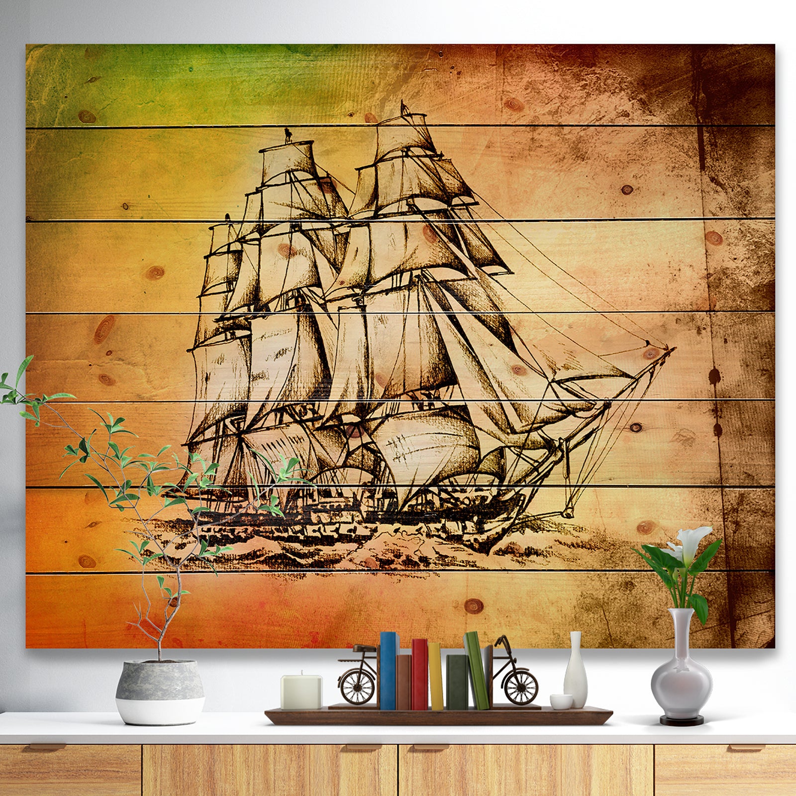 Large Ancient Moving Boat - Seashore Print on Natural Pine Wood