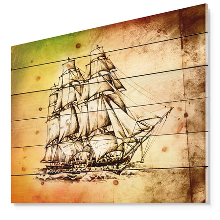 Large Ancient Moving Boat - Seashore Print on Natural Pine Wood