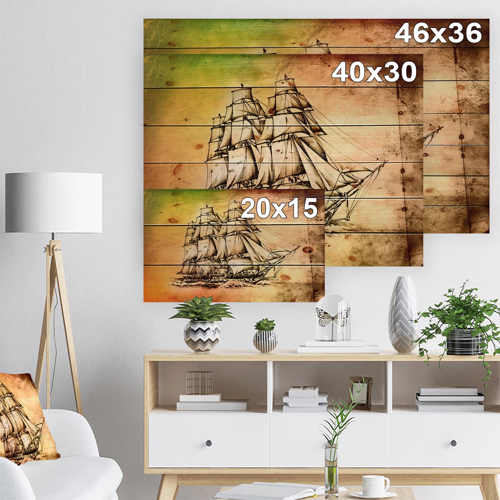 Large Ancient Moving Boat - Seashore Print on Natural Pine Wood