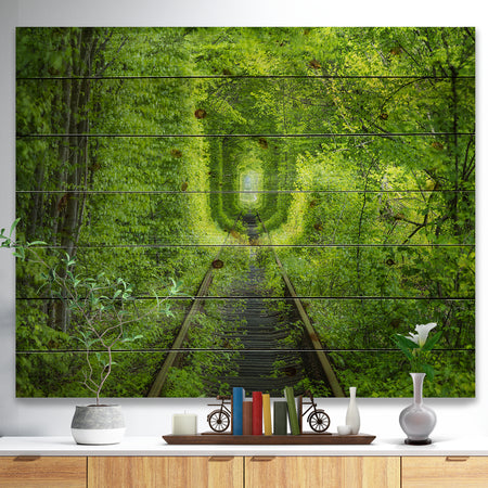 Forest around Rail Way Tunnel - Landscape Print on Natural Pine Wood