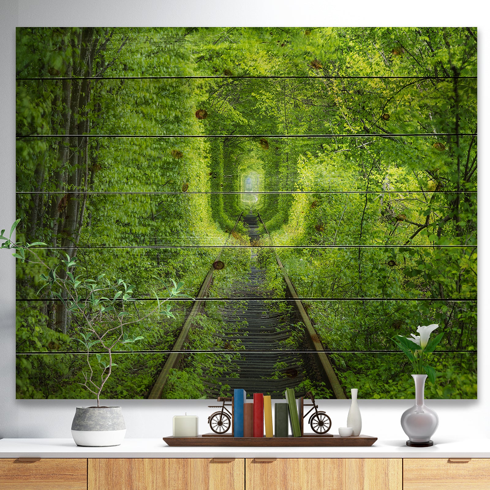 Forest around Rail Way Tunnel - Landscape Print on Natural Pine Wood