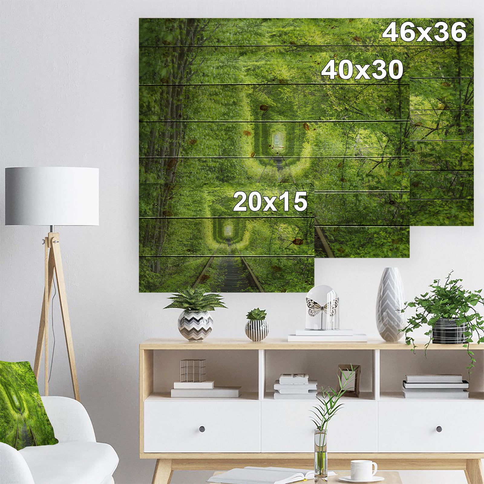 Forest around Rail Way Tunnel - Landscape Print on Natural Pine Wood