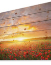 Poppy Field under Bright Sunset - Landscape Print on Natural Pine Wood