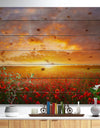 Poppy Field under Bright Sunset - Landscape Print on Natural Pine Wood